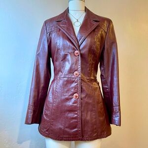 Vintage 1970s 80s Belted Burgundy Oxblood Red Leather Jacket- Medium